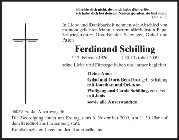 Traueranzeige von Ferdinand Schilling von HERSFELDER ZEITUNG