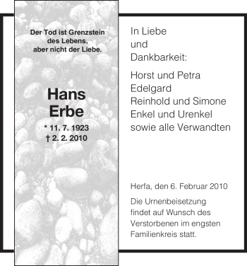 Traueranzeige von Hans Erbe von HERSFELDER ZEITUNG