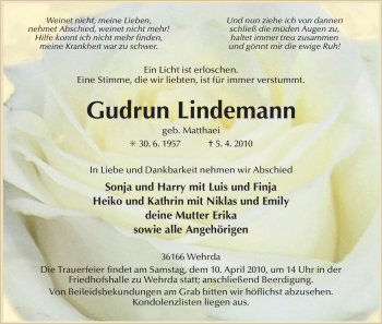 Traueranzeige von Gudrun Lindemann von HERSFELDER ZEITUNG