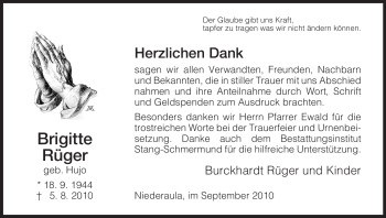 Traueranzeige von Brigitte Rüger von HERSFELDER ZEITUNG