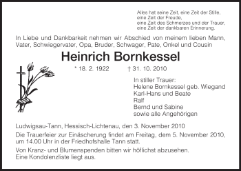 Traueranzeige von Heinrich Bornkessel von HERSFELDER ZEITUNG