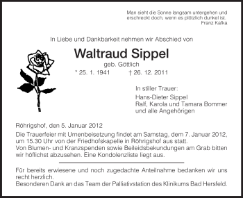 Traueranzeige von Waltraud Sippel von HERSFELDER ZEITUNG