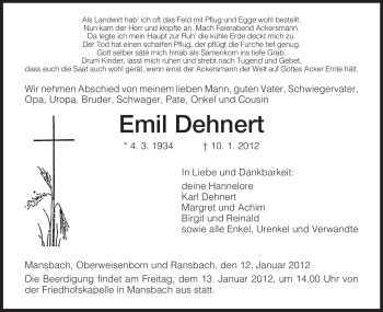 Traueranzeige von Emil Dehnert von HERSFELDER ZEITUNG