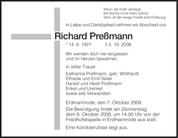 Traueranzeige von Richard Pressmann von HERSFELDER ZEITUNG