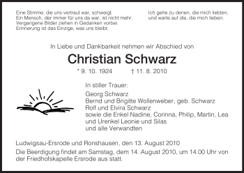 Traueranzeige von Christian Schwarz von HERSFELDER ZEITUNG