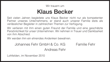 Traueranzeige von Klaus Becker von HERSFELDER ZEITUNG