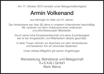 Traueranzeige von Armin Volkenand von HERSFELDER ZEITUNG