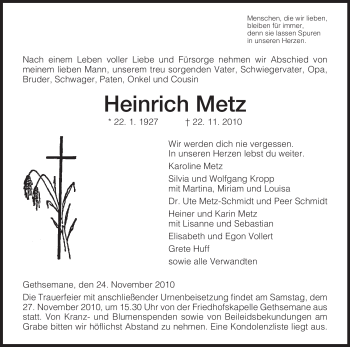 Traueranzeige von Heinrich Metz von HERSFELDER ZEITUNG