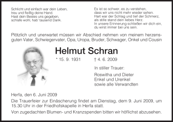 Traueranzeige von Helmut Schran von HERSFELDER ZEITUNG