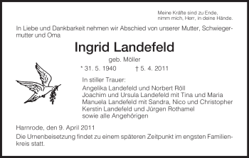 Traueranzeige von Ingrid Landefeld von HERSFELDER ZEITUNG