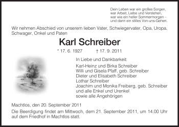 Traueranzeige von Karl Schreiber von HERSFELDER ZEITUNG