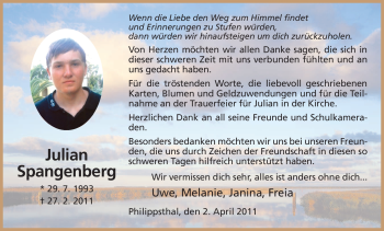 Traueranzeige von Julian Spangenberg von HERSFELDER ZEITUNG