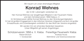 Traueranzeige von Konrad Wehnes von HERSFELDER ZEITUNG