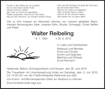 Traueranzeige von Walter Reibeling von HERSFELDER ZEITUNG