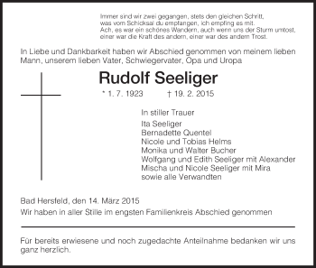 Traueranzeige von Rudolf Seeliger von Hersfeld