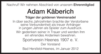 Traueranzeige von Adam Käberich von HERSFELDER ZEITUNG