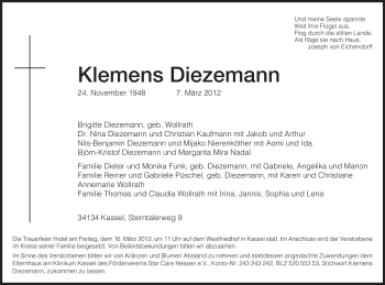 Traueranzeige von Klemens Diezemann von HERSFELDER ZEITUNG