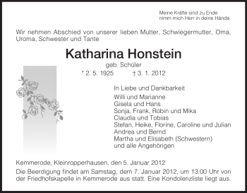 Traueranzeige von Katharina Honstein von HERSFELDER ZEITUNG