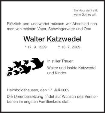 Traueranzeige von Walter Katzwedel von HERSFELDER ZEITUNG