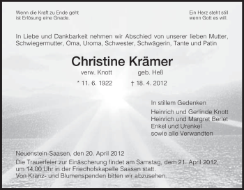 Traueranzeige von Christine Krämer von HERSFELDER ZEITUNG