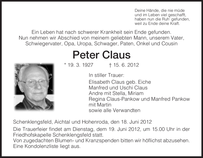  Traueranzeige für Peter Claus vom 18.06.2012 aus HERSFELDER ZEITUNG