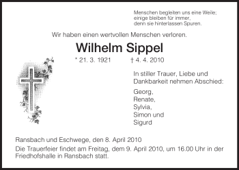 Traueranzeige von Wilhelm Sippel von HERSFELDER ZEITUNG