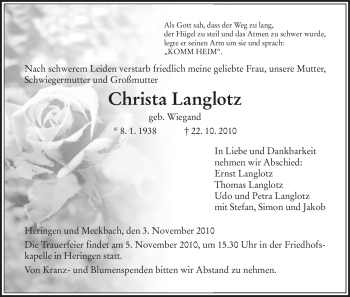 Traueranzeige von Christa Langlotz von HERSFELDER ZEITUNG