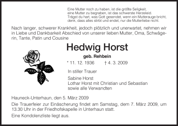 Traueranzeige von Hedwig Horst von HERSFELDER ZEITUNG