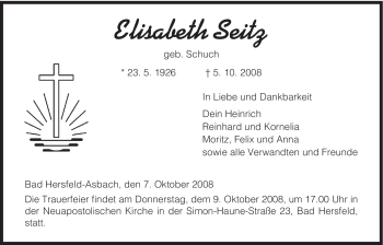 Traueranzeige von Elisabeth Seitz von HERSFELDER ZEITUNG
