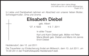 Traueranzeige von Elisabeth Diebel von HERSFELDER ZEITUNG