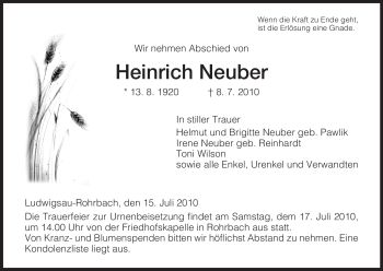 Traueranzeige von Heinrich Neuber von HERSFELDER ZEITUNG