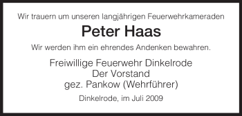 Traueranzeige von Peter Haas von HERSFELDER ZEITUNG