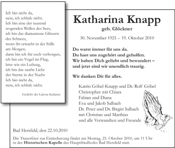 Traueranzeige von Katharina Knapp von HERSFELDER ZEITUNG