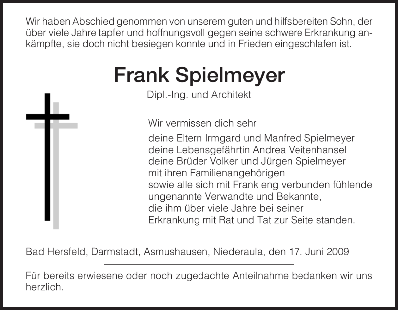  Traueranzeige für Frank Spielmeyer vom 18.06.2009 aus HERSFELDER ZEITUNG