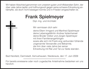 Traueranzeige von Frank Spielmeyer von HERSFELDER ZEITUNG