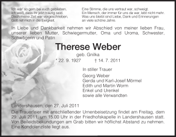 Traueranzeige von Therese Weber von HERSFELDER ZEITUNG