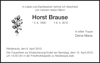 Traueranzeige von Horst Brause von HERSFELDER ZEITUNG
