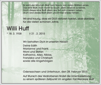 Traueranzeige von Willi Huff von Hersfeld