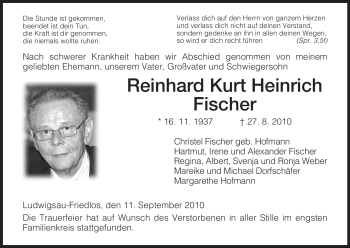 Traueranzeige von Reinhard Kurt Heinrich Fischer von HERSFELDER ZEITUNG