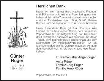 Traueranzeige von Günter Rüger von HERSFELDER ZEITUNG