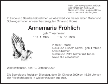 Traueranzeige von Annemarie Fröhlich von HERSFELDER ZEITUNG