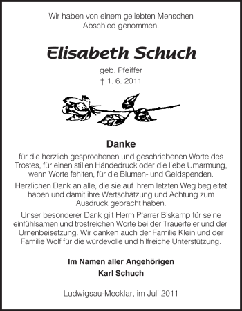 Traueranzeige von Elisabeth Schuch von HERSFELDER ZEITUNG