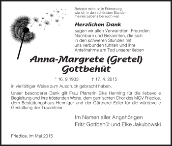 Traueranzeige von Anna-Margrete Gottbehüt von Hersfeld