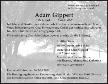 Traueranzeige von Adam Gippert von HERSFELDER ZEITUNG