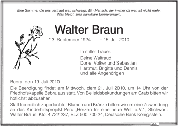 Traueranzeige von Walter Braun von HERSFELDER ZEITUNG