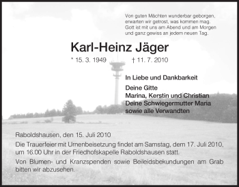 Traueranzeige von Karl-Heinz Jäger von HERSFELDER ZEITUNG