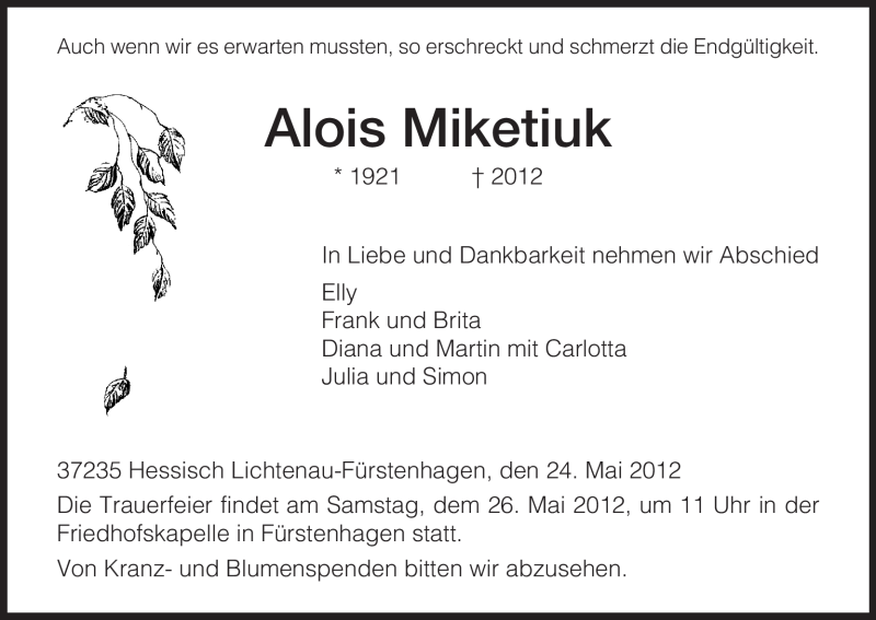  Traueranzeige für Alois Miketiuk vom 24.05.2012 aus HERSFELDER ZEITUNG