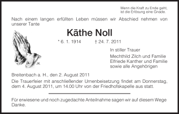 Traueranzeige von Käthe Noll von HERSFELDER ZEITUNG