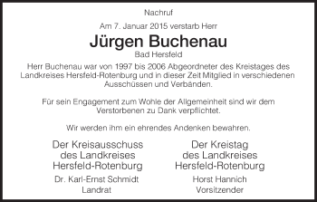 Traueranzeige von Jürgen  Buchenau von Hersfeld