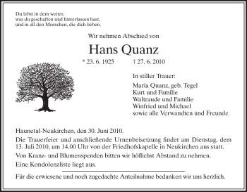 Traueranzeige von Hans Quanz von HERSFELDER ZEITUNG